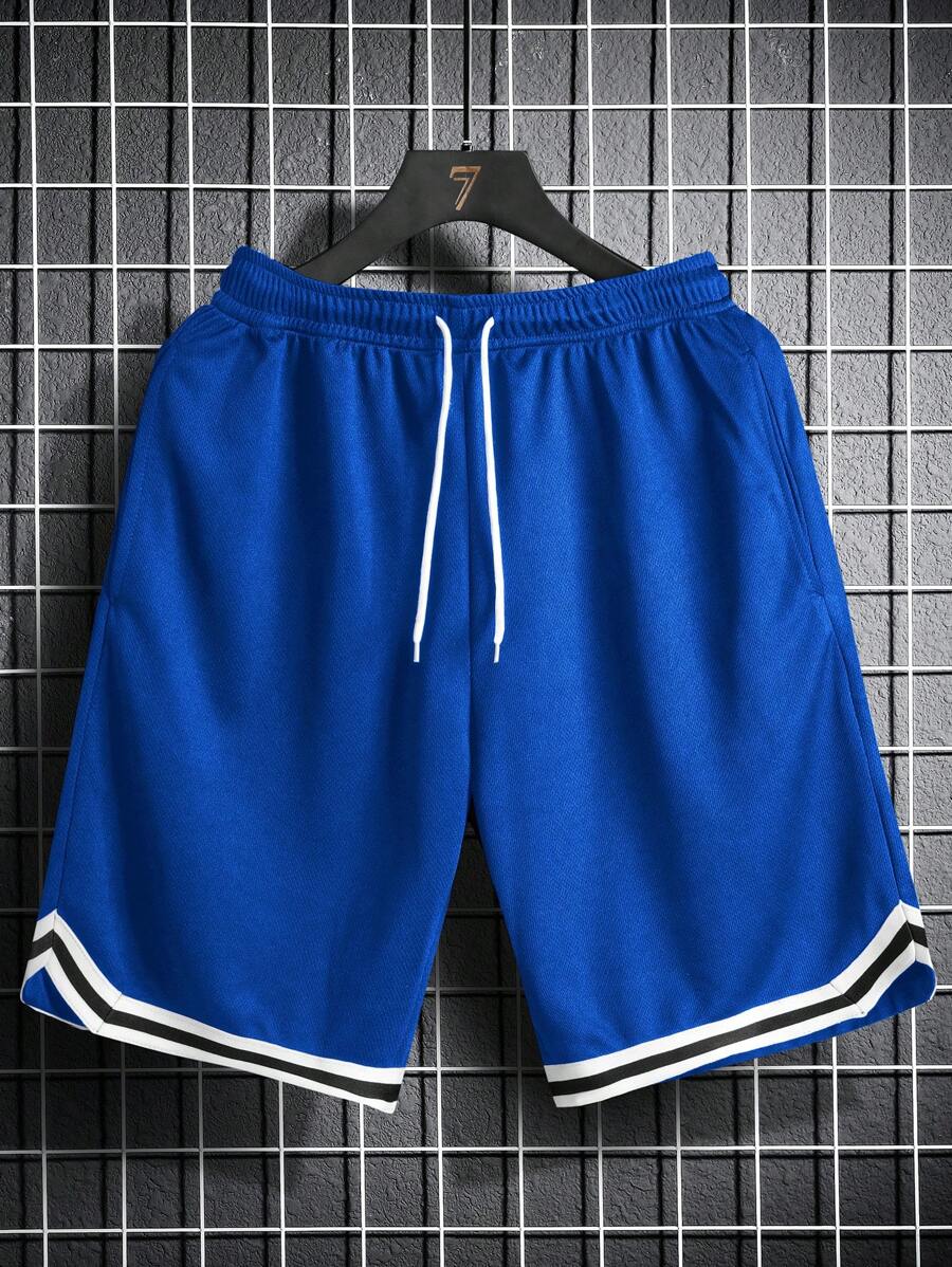 Manfinity Homme 男士街头学院风运动休闲装抽绳腰休闲短裤，适合送给男朋友或丈夫的礼物 - 寶藍色 - 查看 1
