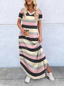 Calvaya 女士 V 领条纹长款休闲短袖连衣裙，夏季长款女装 - 彩色 - 查看 5
