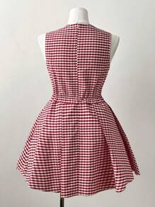 Flirla 大码 V 领拼色连衣裙，腰部蝴蝶结和褶皱下摆格子拼布，夏季女士装 - 彩色 - 查看 2