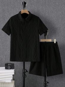 SHEIN Conjunto casual de 2 piezas para adolescentes varones: Camisa tipo polo con cremallera y cuello, de tela texturizada, y pantalones cortos, adecuado para salidas, fotografía callejera, fiestas, caminatas urbanas, ropa de primavera