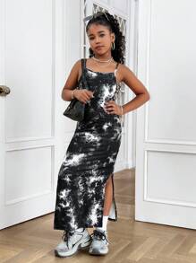 Vestido Maxi informal con estampado de teñido anudado minimalista y suelto para niñas preadolescentes, adecuado para el verano - Rosa Fucsia - Ver 4
