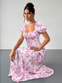 SHEIN Privé 女士花朵性感方领泡泡袖花卉印花前系带连衣裙，波西米亚风连衣裙，适合情人节、音乐会、表演、约会、派对、庆典、婚礼季节、性感、优雅、通勤、返校、度假、海滩、浪漫 - 粉色 - 查看 4