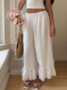 SHEIN EZwear White Women's Elastic Waist Ruffle Hem Wide Leg Pants - White - View 3