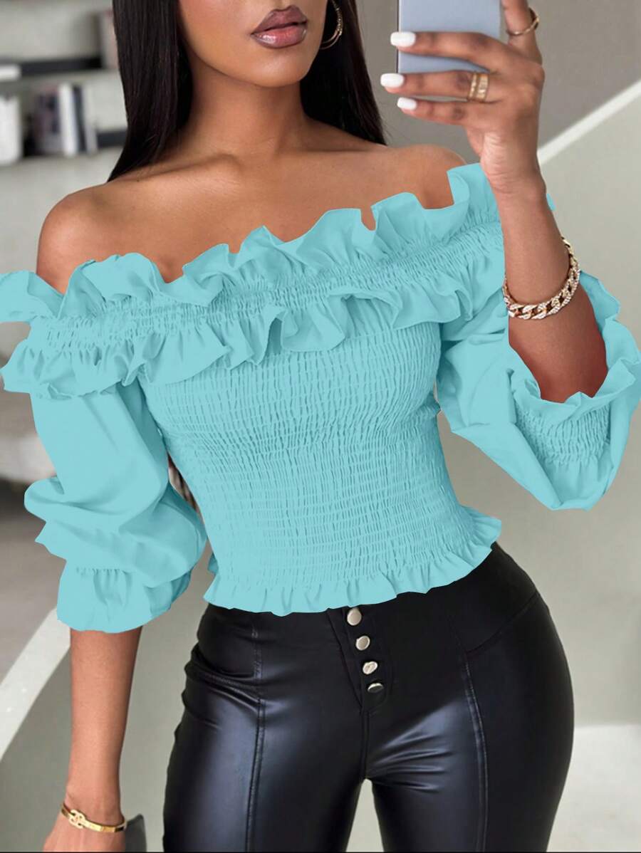 Chiquease Women's Solid Color Ruched Decor Off Shoulder Cropped Top - Teal Blue - View 1