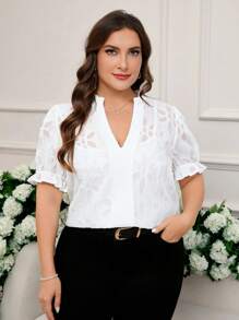 SHEIN Clasi Plus Size Floral Pattern Notch Neck Ruffle Sleeve Blouse, Summer,Summer Outfits For Women,White Top,Going Out Tops