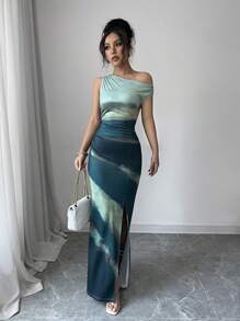 Rafferiza Petite 女士时尚不对称领口连衣裙，适合夏季 - 綠色 - 查看 6