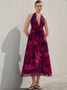 SHEIN Privé Váy xòe hở lưng cổ chữ V họa tiết hoa phong phú, chất liệu vải chiffon thoải mái, kiểu Pháp thanh lịch & tinh tế dành cho nữ, đơn giản & sang trọng - Nhiều màu - Xem 4