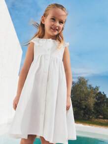 SHEIN Young Girls Vacation Cute Style Collar Seashell Button Embroidered Sundress - Beige - View 4