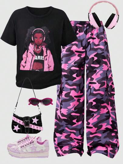 SHEIN Explorewe 2pcs/Set Tween Girl Streetwear Casual Graphic Tee & Camouflage Pocket Pants Outfit, Suitable For Outdoor And Sports