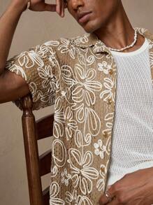 2 件男士杏色花卉刺绣针织短袖衬衫和松紧腰直筒短裤套装，休闲装，适合夏季、度假、日常装、派对、情侣装、礼物 - 摩卡棕 - 查看 4