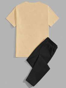 Manfinity VCAY Loose Fit Men Japanese Letter Print Graphic Tee & Drawstring Waist Pants Set - Khaki - View 2