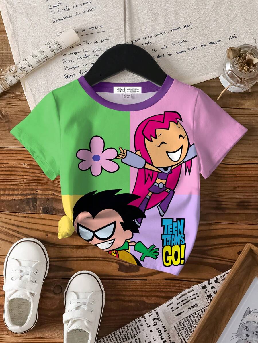 Teen Titans Go X SHEIN Yon T-Shirt Regular Fit Round Neck Short Sleeves Cartoon Graphic Print White Soft And Breathable - White - View 1