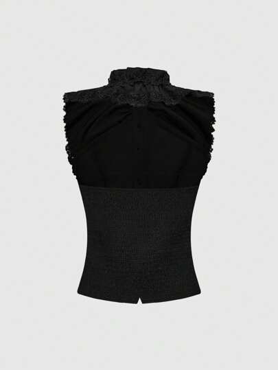 Goth Back To School  Retro Gothic Ruffle Collar Splice Women Halter Shirt Top, For Back To School, Can Be Worn Alone Or As Underlayer Black Ruffle Top