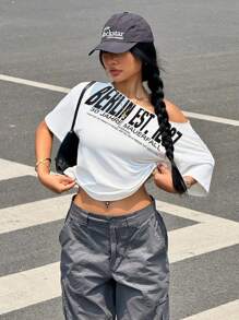 SHEIN EZwear Women's Berlin Wall Graphic Loose Fit Crew Neck Short Sleeve T-Shirt - White - View 5