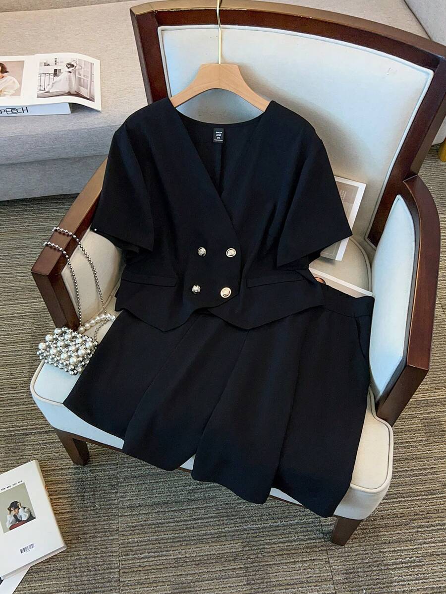 Regalyn Conjunto de chaqueta top con bolsillo decorado de manga corta y cuello en V talla grande talla, con cintura elástica a media y pantalones cortos bermuda con cremallera y botones, adecuado para uso diario