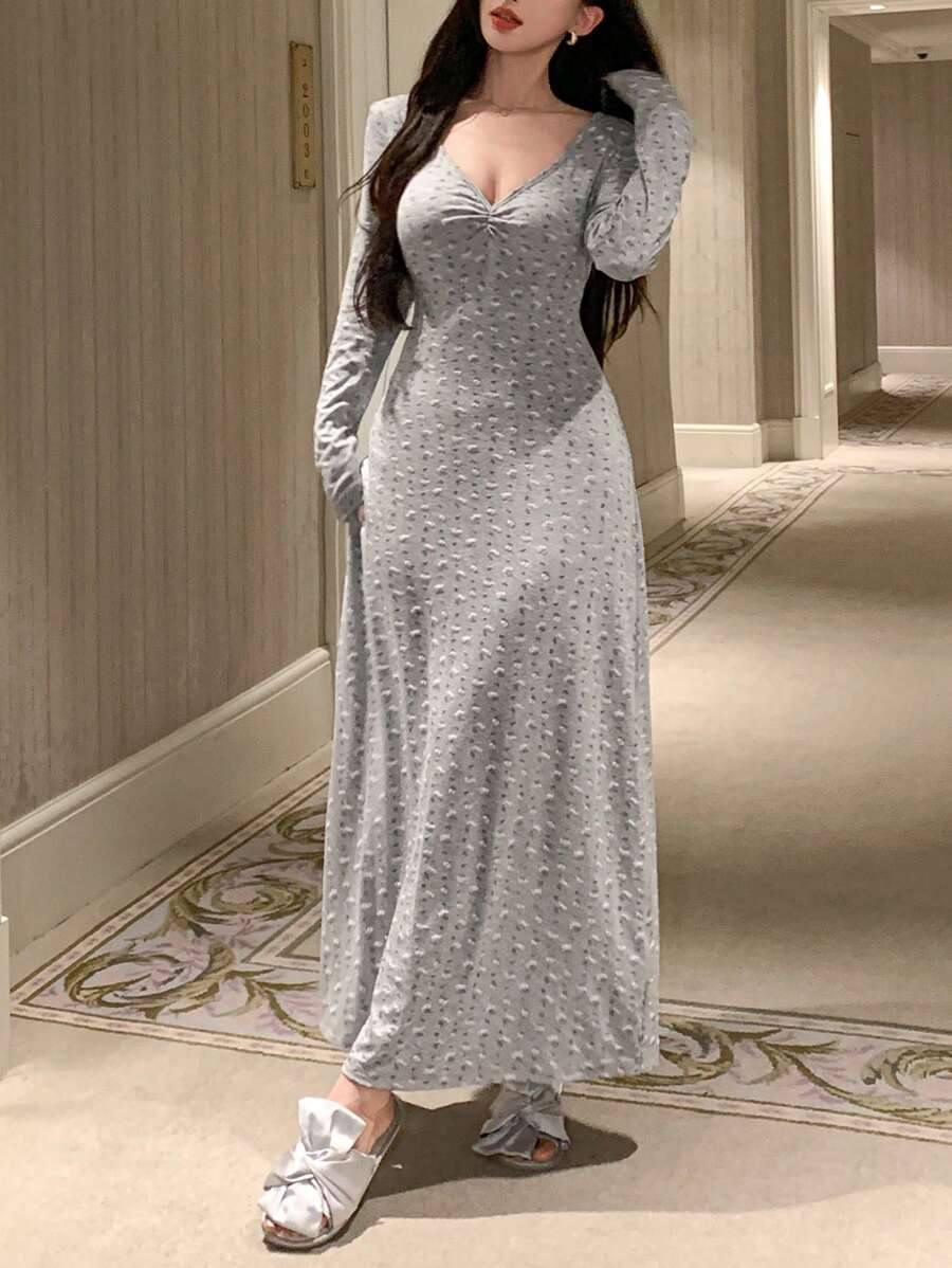DAZY Long Ditsy Floral V-Neck Drawstring Waist Design Nightgown, Pajama, For Fall, Winter - Grey - View 1