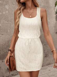 SHEIN LUNE Spring Apricot Color Textured Fabric Sleeveless Drawstring Waist Strap Apricot Women Mini Dress Vacation Dress - Apricot - View 5