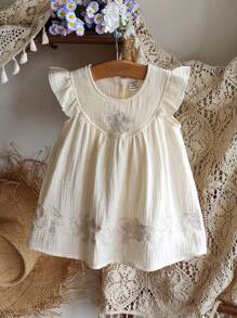 SHEIN Robe décontractée à manches courtes avec encolure ronde et broderie pour bébé fille - Nude - Voir 3