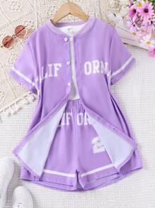 SHEIN Explorewe 少女字母圖形背心、短褲、襯衫套裝 - 彩色 - 查看 4