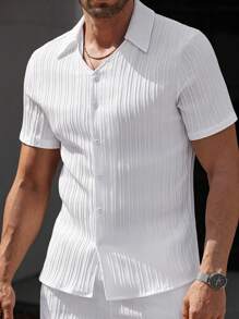 Manfinity CasualCool Traje casual de hombre compuesto por camisa de manga corta de un solo abotonadura de unicolor y pantalones - Conjunto blanco de hombre, Atuendo blanco de hombre, Conjunto de 2 piezas blanco de hombre