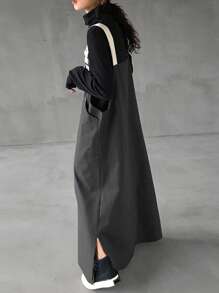 FRIFUL Váy dài vừa phải thiết kế túi màu tương phản cho nữ, dáng rộng, thường ngày có dây đeo - Màu xám đen - Xem 3