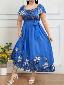 EMERY ROSE Vestido Longo Feminino Plus Size de Verão, com Estampa Floral, Decote Redondo e Manga Curta Raglan, para Conjunto Feminino Longo de Natal - Azul - Visão 5