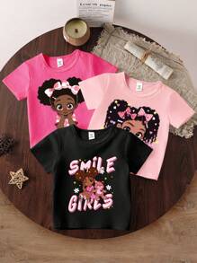 SHEIN Playful Pals 寶寶女孩卡通角色印花短袖圓領t恤 - 彩色 - 查看 4