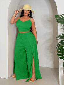 Slaydiva Conjunto de dos piezas de camiseta ajustada y pantalón largo con abertura alta, color amarillo sólido, atuendo de verano para resorts de tallas grandes - Verde - Ver 6