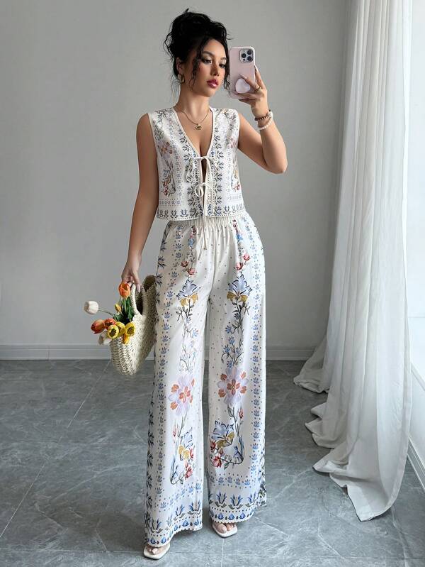 Elenzga Set de 2 piezas de camisa sin mangas con estampado floral y atar delante y pantalones informales para mujer