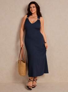 Elaquor Plus Solid Ring Detail Tank Dress - Navy Blue - View 6