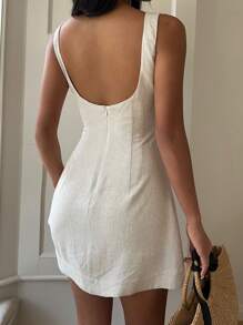 SHEIN EZwear 女式夏季休闲杏色编织露背无袖连衣裙 - 杏色 - 查看 2