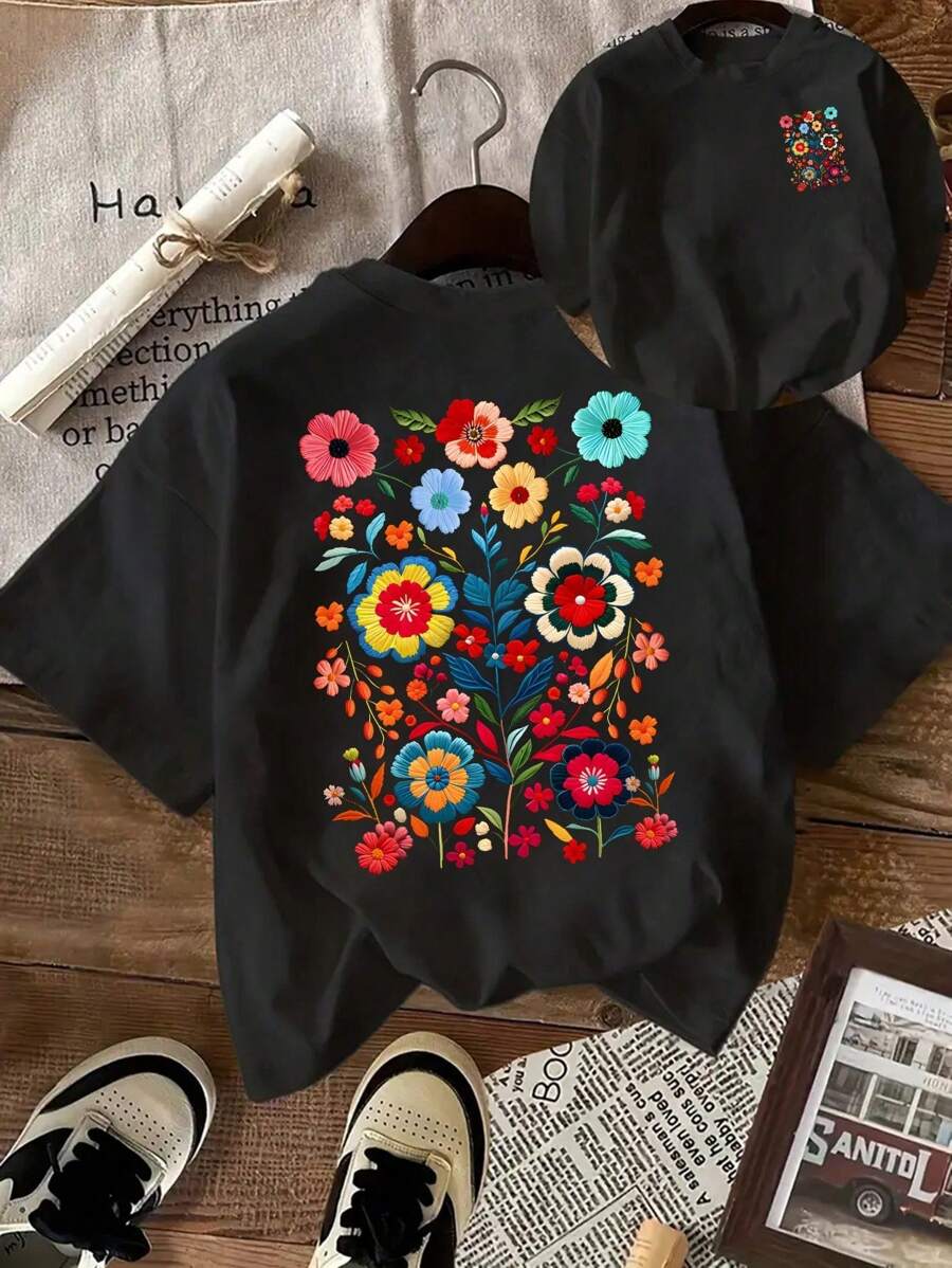 SHEIN EZwear Plus Size Round Neck Short Sleeve T-Shirt, Fashionable For Summer - Black - View 1