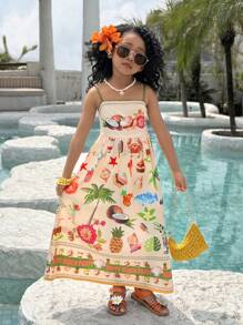 年轻女孩热带印花吊带连衣裙，夏季海滩度假兄弟姐妹装（2 件单独出售） - 彩色 - 查看 5