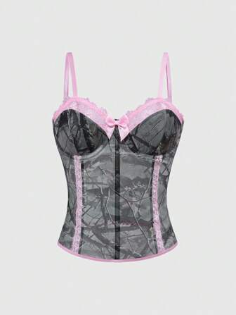 Grunge Punk Top de tirantes de malla con adorno de encaje y camuflaje de hojas secas estilo Y2K