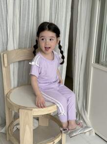 2 Stücke/Set Kleinkind Mädchen lila Kurzarm Top und Hose Lässig Sportanzug, verziert mit Schleife und Schleife, geeignet für Kleinkind Mädchen im Sommer, vielseitig kombinierbar