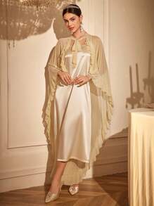 LuxeNights Wedding Season Women Luxury Handcraft Asymmetrical Ruffle Tie Mesh Robe + Charmeuse Slip Dress Set