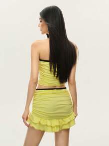 Rina Fox 俏皮字母印花撞色吊带背心短款上衣和荷叶边系腰迷你裙套装，时尚合身