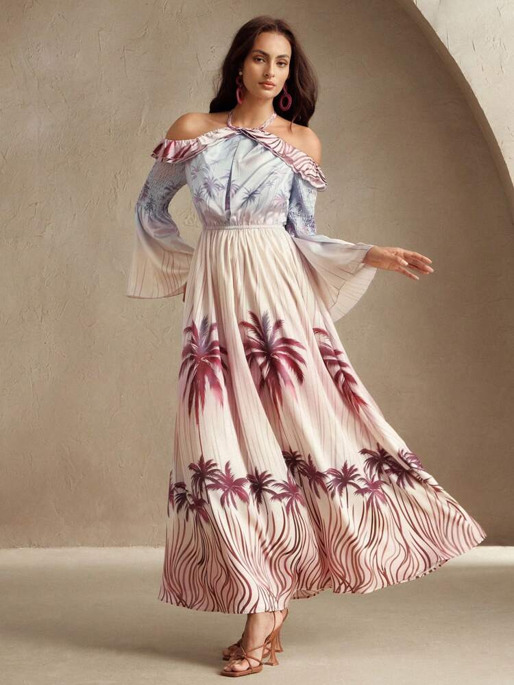 Halterneck Bohemian Style Palm Tree Print Vacation Dress For Spring/Summer