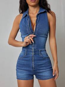 SHEIN ICON 夏季休闲前拉链无袖修身高街牛仔连体裤 - 深色水洗藍 - 查看 3