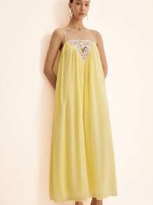 SHEIN Unity Elegant Chiffon V-Neck Dress,White And Yellow Summer Brunch Resort Style,Ruched Yoke Contrast Lace,Luxurious Casual Party Cocktail Boho Vacation - Yellow - View 5