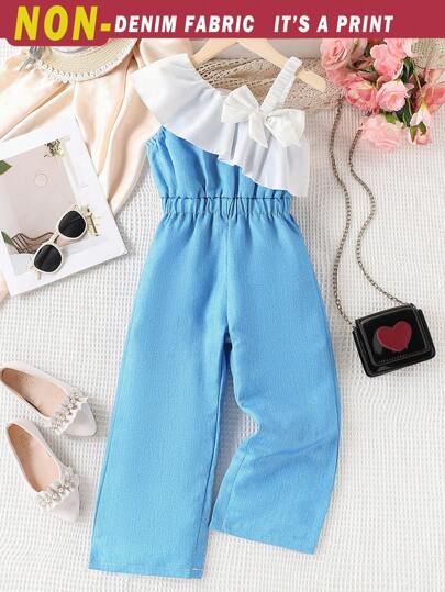 SHEIN 年轻女孩休闲牛仔效果连体裤，蓝色无袖蝴蝶结细节长裤，适合夏季，减龄设计