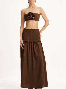 Chiquease Top de bikini con pliegues de tejido texturizado en color marrón con bandeau fruncido y falda maxi de línea A acoplada de cintura baja, elegante conjunto casual y romántico versátil de 2 piezas para mujer - Marrón - Ver 6