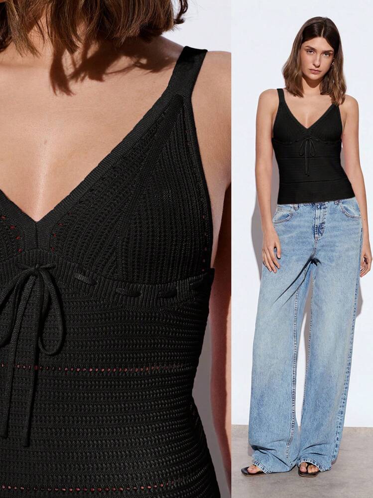 Maija Urban Elegant Chic Spring/Summer New Crochet Waist Fitted Women Knit Vest Top, Casual Romantic Vacation Suitable For Outing, Party, Wedding Guest, Vintage Style, Perfect Valentine's Day,Fall Women Clothes,European Summer - Black - View 9