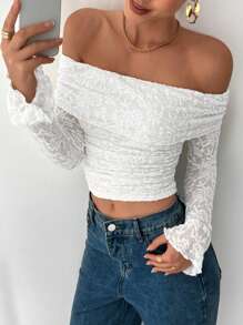 Siren Gaze Women's Solid Lace Ruffle Off Shoulder Long Sleeve T-Shirt, Suitable For Summer Off The Shoulder Top Winter Chic White Casual Spring - White - View 7