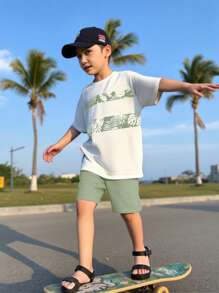 SHEIN Leap Crew Tween Boy Graphic Print Patchwork T-Shirt And Solid Shorts - Mint Green - View 4