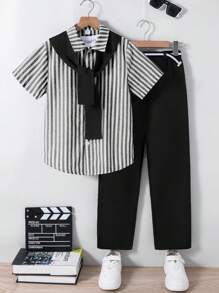 3pcs Kid Boy Casual Conservative Striped Polo Collar Short Sleeve Shirt, Solid Color Straight Leg Pants And Shawl Collar Jacket Outfit Set - Black - View 1