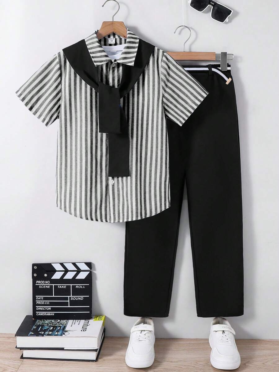 3pcs Kid Boy Casual Conservative Striped Polo Collar Short Sleeve Shirt, Solid Color Straight Leg Pants And Shawl Collar Jacket Outfit Set - Black - View 1