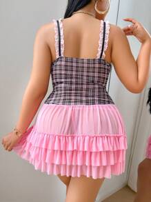 Plus Size Sexy Slip Dress With Ruffle, Crisscross Strap Design, Sweet Style - Multicolor - View 2