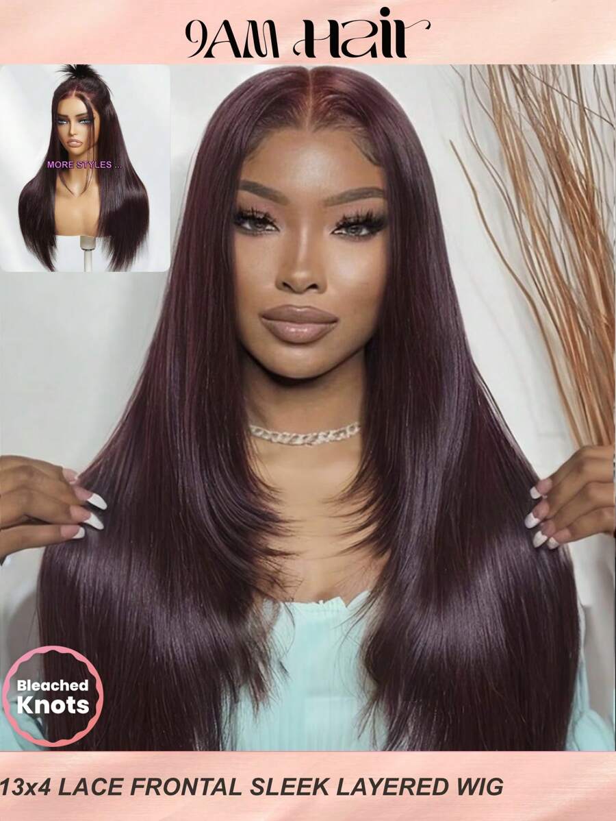 13x4 Pre-Everything™ 蕾丝前片黑樱桃色光滑分层剪裁直发假发预剪预拔预漂白无尽分缝 100% 真人头发耳片 - SPurple - 查看 1