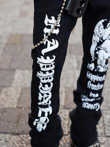 Manfinity EMRG Men's Black Washed Gothic Print Stretch Slim Fit Flared Jeans - Black - View 5